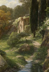 The Old Mill at La Mortola (Olja på panel)