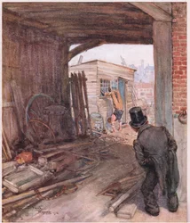 Väl framme vid sin destination var det första han såg ett par mycket ofullständigt skodda fötter i luften, ca 1920 (färglitografi)