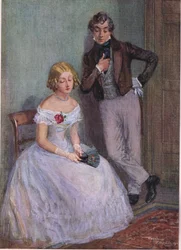 "Jag är säker på att jag inte vet vad du menar, Mr Swiveller", sa Miss Sophy med nedslagna ögon , ca 1920 (färglitografi)