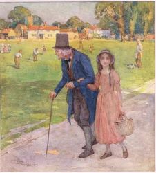 Det var en mycket liten plats. Männen och pojkarna spelade cricket på gräsmattan, ca 1920 (färglitografi)
