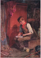 Kit bar in en stor skiva bröd och kött i ett hörn och gjorde sig av med den med stor glupskhet , ca 1920 (färglitografi)