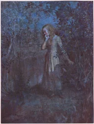 Ljuset hade övergått i mörker och kvällen fördjupades till natt, ca 1920 (färglitografi)
