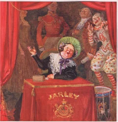 Mrs Jarley satt i lönekontoret och växlade silverpengar från morgon till kväll , ca 1920 (färglitografi)
