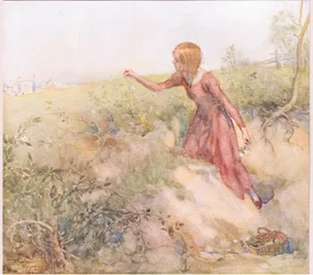 Strax efter soluppgången på morgonen tog hon sig ut ur tältet och vandrade in på några fält på ett kort avstånd och plockade några rosor, ca 1920 (färglitografi)