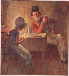 Markisinnan håller sina kort mycket hårt i båda händerna och funderar på vilka hon ska spela, ca 1920 (färglitografi)