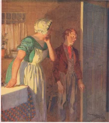 Barnet skyndade till dörren och försvann lika snabbt som hon hade kommit, ca 1920 (färglitografi)
