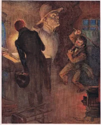Dvärgen kastade ifrån sig den tidning ur vilken han hade skanderat de redan citerade orden och grep en rostjärnsstång, ca 1920 (färglitografi)
