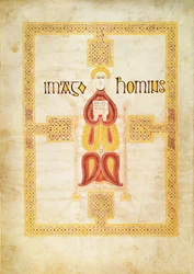 Lat 9389 f.18v Symbol för Matteus, `Imago Hominus, Lindisfarne, från Echternachs evangeliebok, c.700