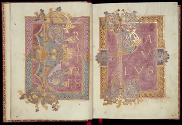 Ms McClean 30, ff.2v-3r: Inledande sidor inramade med Acanthus-blad, från Reichenau Epistolary, sent 1000-tal (guldbläck & tempera på pergament)