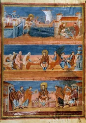 Den helige Hieronymus lämnar Rom och betalar sin lärare i Jerusalem (överst), arbetar med sina skriftlärda (mitten) och distribuerar Vulgata (nederst). Miniatyr i "" Första Bibeln av Karl den skallige, även känd som Bibeln om Vivien"" (Folio 3v), 845-846. 