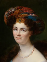 Detalj av porträtt av Josephine Victoire Meslier-Duvey (olja på duk)
