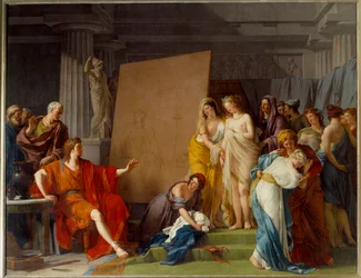 Målaren Zeuxis (eller Zeuxippos, grekisk målare, 464-398 f.Kr.) väljer de vackraste flickorna från Kroton som modeller. Målning av François André Vincent (1746-1816). H. 3,2x4,1 m
