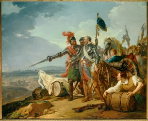Religionskrigen: ”Kung Henrik IV för mat till Paris i augusti 1590”. Kung Henrik IV (1553-1610) förser svältande parisare med mat nära Paris under belägringen av staden år 1590. Målning av François André Vincent (1746-1816), 1783. H. 1,57 x 1,92 m