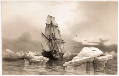 Corvette La Recherche nära Bear Island den 7 augusti 1838 från Voyages en Scandinavia 1852.