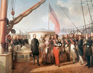 Intervju mellan Victoria, drottning av England och Louis-Philipp, kung av Frankrike, ombord på yachten Victoria and Albert, utanför Treport, 2 september 1843 (Detaljmålning