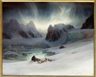 Magdalenabukten sedd från halvönsgraven, Norra Spetsbergen. Aurora borealis effekt. Olja på duk, 1,30 x 1,63 m. - "" Magdalena Bay, utsikt tagen från halvön av gravar norr om Spitzberg, effekt av norrsken"" Målning av Francois Auguste Biard