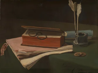 Stilleben med en bok, papper och ett bläckhus. 1876