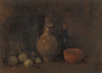 Stilleben med fyra frukter, glas och keramik