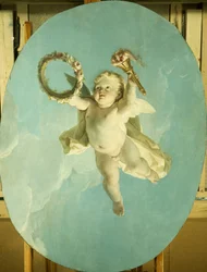 En Putti på flyg som håller en krans och en fackla,