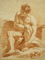 En sittande naken med en stav, en relief med Putti till vänster, 1738