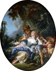 En herde och en herdinna i Dalliance i ett skogslandskap, 1761