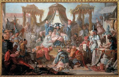 Kinesiska kejsarens publik Undersåtarna lutar sig framför kejsaren. Målning av Francois Boucher