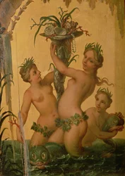 Detalj av sirener som håller ett ymnighetshorn från Peter den stores statsvagn, ca 1724