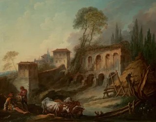 Imaginärt landskap med Palatinen från Campo Vaccino, 1734.