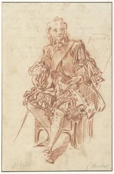 Jodelet sitter på en stol Design för illustrationen av Les Précieuses Ridicules