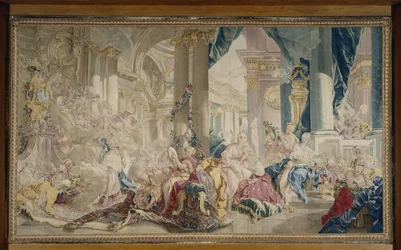 Manufacture de Beauvais - Psyke ledd av Zephyr in i Kärlekens palats och Psyke som visar sin rikedom för sina systrar, efter 1741