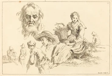 Figurstudier inklusive Bearded Face of an Old Man