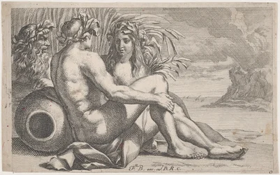 Flodgudar liggandes framför ett havslandskap, 1651-82.