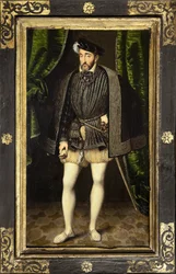 Porträtt av Henrik II (1519-1559), son till Francois 1st och Claude de France, kung av Frankrike från 1547 till 1559, målning av Francois Clouets verkstad, gjord omkring 1520-1572, förminskad version av porträttet i naturlig storlek av Francois Clouet. Fot
