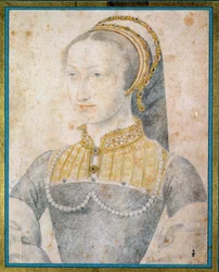 Porträtt av Jeanne av Albret, drottning av Navarra (1528 - 1572), mor till Henrik IV. Teckning med svart sten och blod av Francois Clouet (1515-1572)
