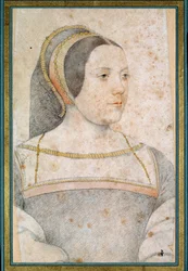 Porträtt av Judith av Assigny, hustru till Jean de Crequi, far till Cannaples (1502 - 1558). Teckning med svart sten och blod av Francois Clouet (1515-1572)