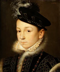 Porträtt av kung Karl IX av Frankrike (1550-1574) - Francois Clouet (1510-1572). Olja på trä