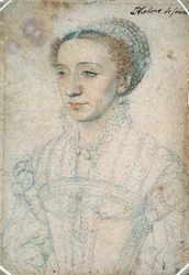 Porträtt av Marguerite de France, dotter till Francois I, hertiginnan av Savojen (1523 - 1574). Teckning med svart sten och blod av Francois Clouet (1515-1572)