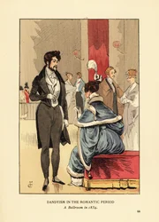Dandyism under romantiken, en balsal år 1834. Sprätt i frack, åtsittande byxor och hög hatt. Kvinna i en pälskantad klänning med en fjäder i håret. Handkolorerad litografi av R.V. efter en illustration av François Courboin ur Octave Uzannes Fashion