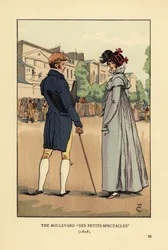 Fashionabla par som slumrar det på Boulevard du Temple, Paris. Boulevard des Petits Spectacles
