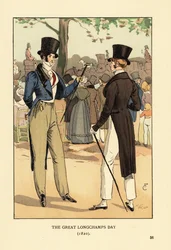 Fashionabla herrar i hög hatt och frack med promenadkäppar. Under en stor tävlingsdag på kapplöpningsbanan Longchamp. Folkmassor av fashionabla människor och vagnar. Den stora dagen på Longchamp