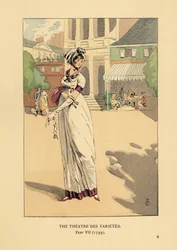 Fashionabla kvinna framför Theatre des Varietes, Boulevard Montmartre, år VII