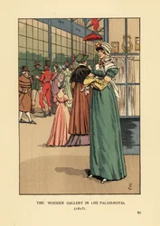 Fashionabla kvinnashopping i trägalleriet i Palais Royal, Paris
