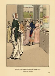 Fashionabla kvinna som promenerar genom galleriet i Palais Royal, Paris, år VIII