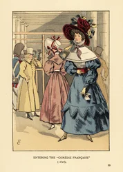 Fashionabla kvinnor på en pjäs, Paris. Kvinna i stor huva med band, klänning med hög krage, spetskappa eller pelerine och helärmar en basker. Inträder i Comedie Francaise