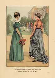 Fashionabla kvinnor som njuter av Chateau de Malmaisons läckerheter. En strövtåg genom parken 1804. Handkolorerad litografi av R.V. efter en illustration av Francois Courboin från Octave Uzanne’s Fashion i Paris, William Heinemann, London