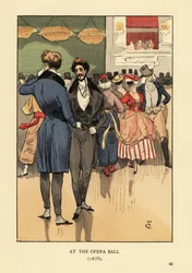 Snobbar i frack, väst, åtsittande byxor och vita strumpor. Bakom dem personer i maskeraddräkter och masker. På Operabalen 1835. Handkolorerad litografi av R. V. efter en illustration av François Courboin ur Octave Uzannes Fashion in Paris, Will