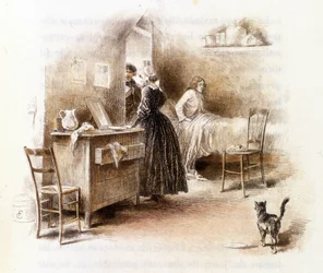 Illustration av "" Profile of grisette""" ny tillhörande Receuil "" Mimi de Pinson"" av Alfred de Musset