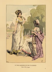 Två fashionabla kvinnor i trädgårdarna i Tuilerierna, Jardins des Tuileries, Paris, år VII