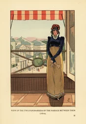 Kvinna vid fönstret med utsikt över Panoramas och Passage des Panoramas, på Boulevard Montmartre, Paris