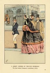 Kvinna i pälsfodrad cape och muff över en bred krinolin, med en annan kvinna i ridkläder. Ett smart hörn av rue de Richelieu, Ostindiska kompaniets lager, Paris
